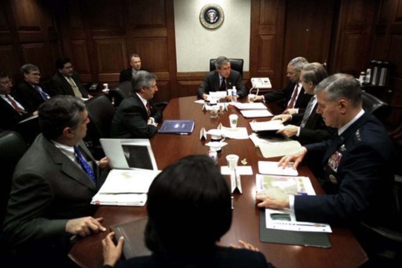 President George W. Bush meeting with his war council in the Situation Room 